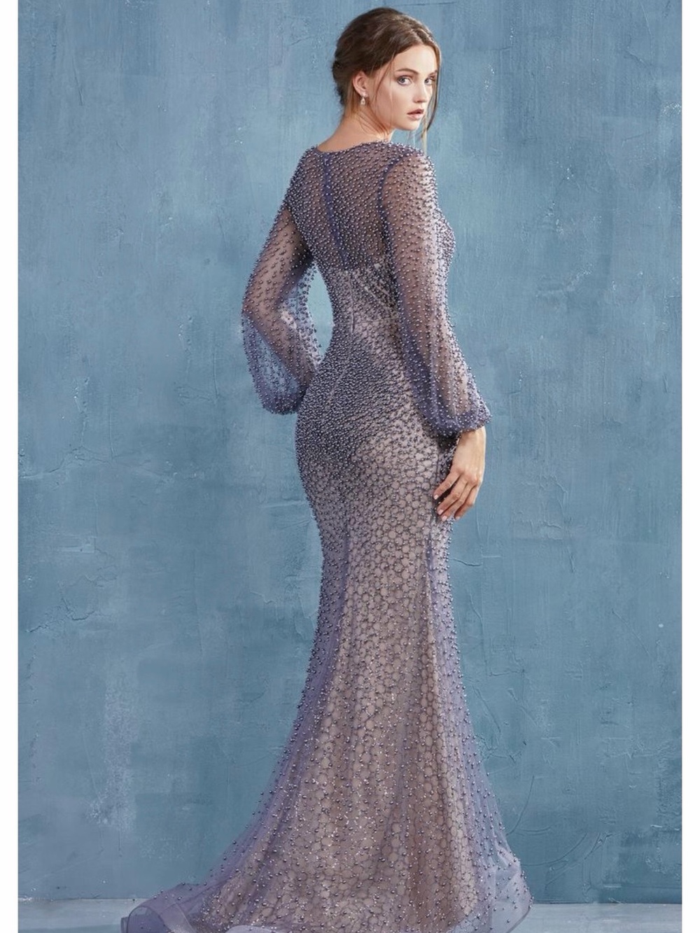 Lavender Beaded Long-Sleeve Evening Gown